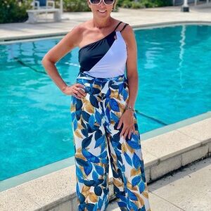 Blue & Brown Leaf Print Side Split Pant